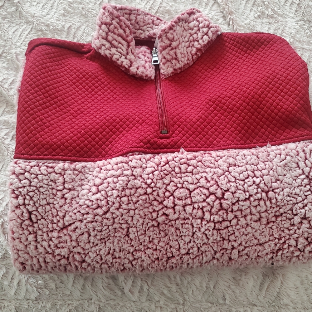 Red and white sherpa quarter zip